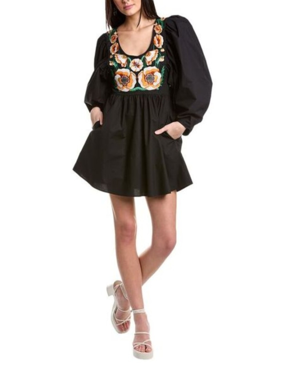 LA DoubleJ Black Mini Dress with Floral Embroidery